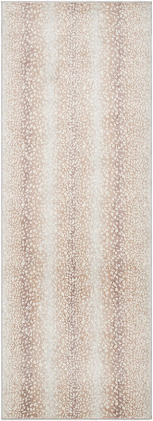 Close-up of Pointblank Tan Leopard Print Rug. Features a neutral gray, ivory, and tan animal print pattern. Design-Runner-2773