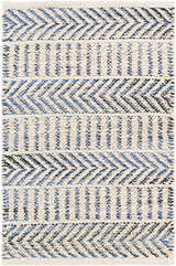 Close-up of the hand-woven Pontian Area Rug. Jute rug with beige, black and blue stripes and chevron pattern. Design-Rectangle-2339