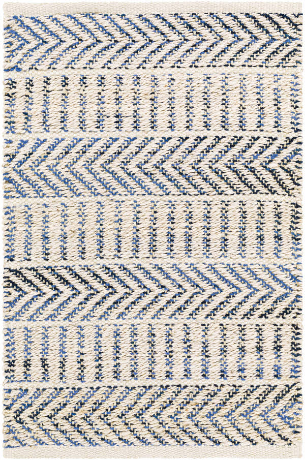 Close-up of the hand-woven Pontian Area Rug. Jute rug with beige, black and blue stripes and chevron pattern. Design-Rectangle-2339