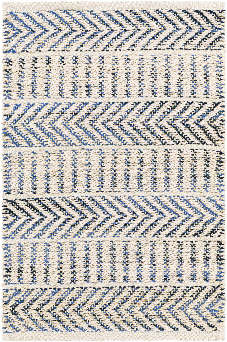 Close-up of the hand-woven Pontian Area Rug. Jute rug with beige, black and blue stripes and chevron pattern. Design-Rectangle-2339