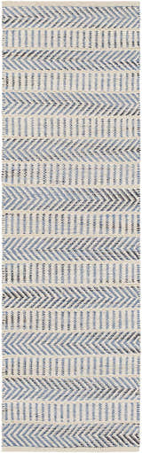 Close-up of the Pontian Area Rug. Hand-woven jute rug with beige, blue, and black chevron pattern. Coastal farmhouse style. Design-Runner-268