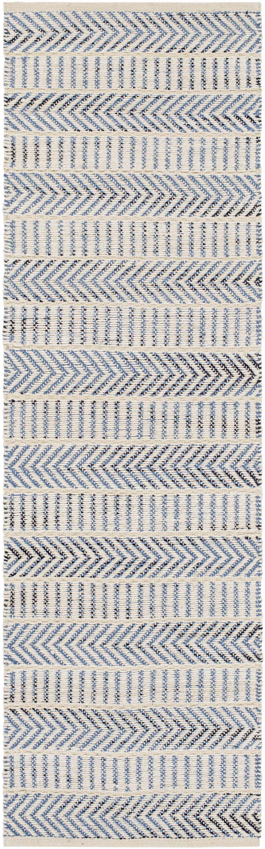 Close-up of the Pontian Area Rug. Hand-woven jute rug with beige, blue, and black chevron pattern. Coastal farmhouse style. Design-Runner-268