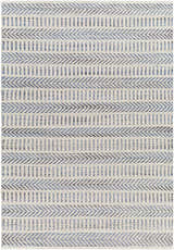Close-up of the hand-woven Pontian Area Rug. Beige jute rug with blue and black geometric chevron patterns. Design-Rectangle-576