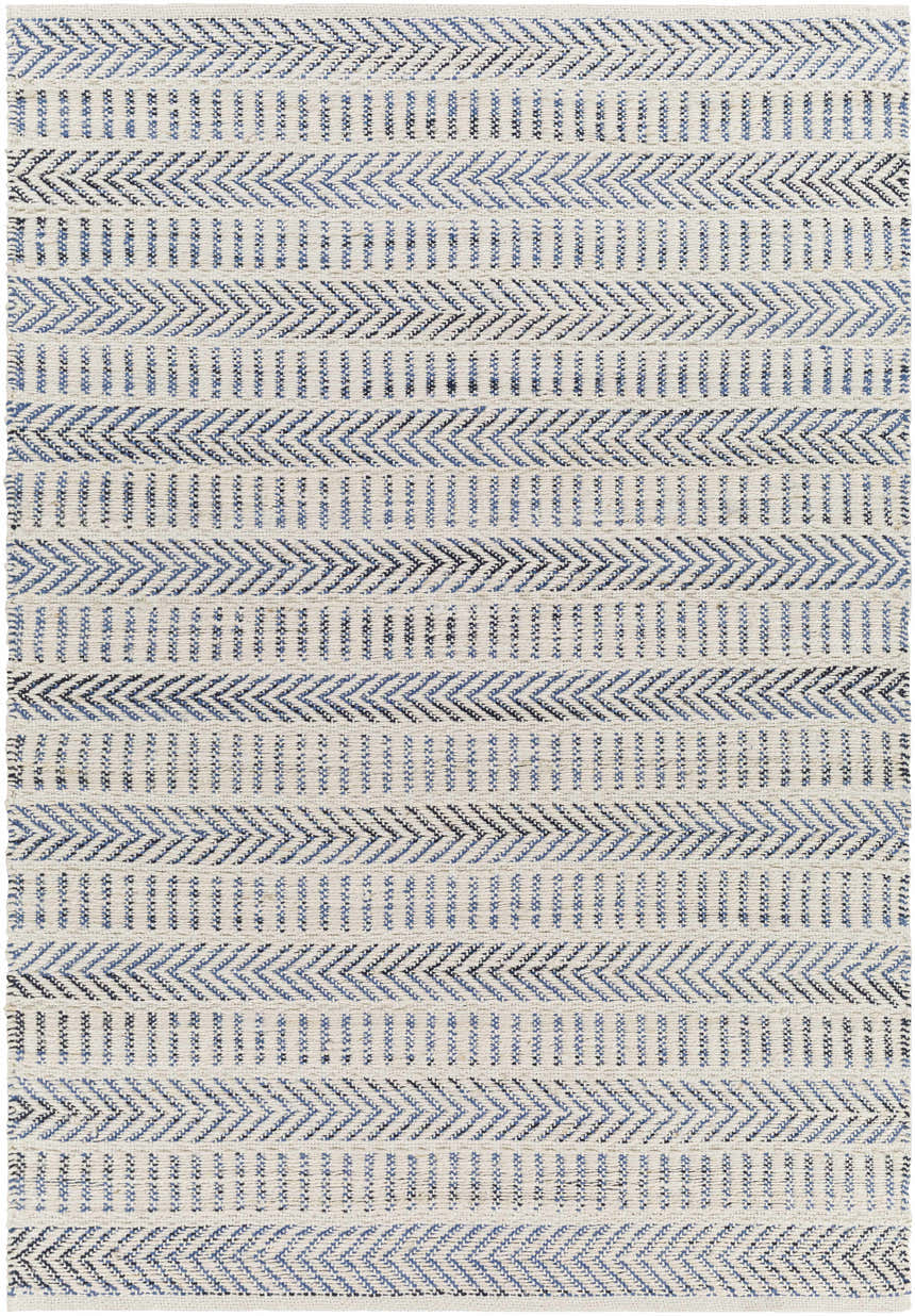 Close-up of the hand-woven Pontian Area Rug. Beige jute rug with blue and black geometric chevron patterns. Design-Rectangle-576