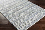 Close-up of Pontian Area Rug: Beige jute rug with blue and black chevron pattern on dark wood floor. Corner