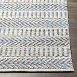 Close-up of Pontian Area Rug. Beige jute rug with blue geometric and striped hand woven design. Front