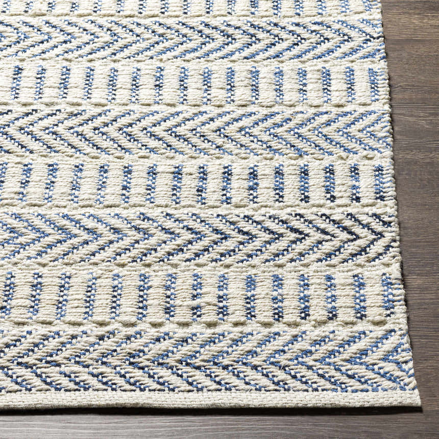 Close-up of Pontian Area Rug. Beige jute rug with blue geometric and striped hand woven design. Front