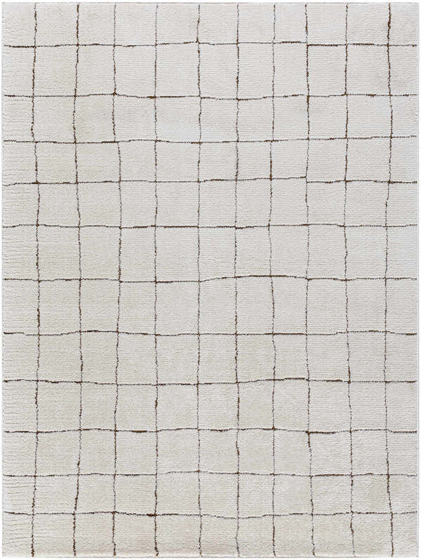 Close-up of Cascade Ivory Modern Grid Rug by Our PNW Home x Livabliss with a dark brown grid pattern. Design-Rectangle-537