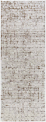 Close-up of Cascade Minimalist Rug. Ivory rug with a dark red and medium brown abstract grid pattern. Design-Runner-273