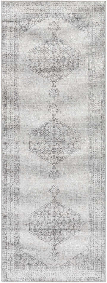 Close-up of PNW Home Olympic Updated Traditional Area Rug. Medium gray, farmhouse style with diamond pattern. Design-Runner-2773