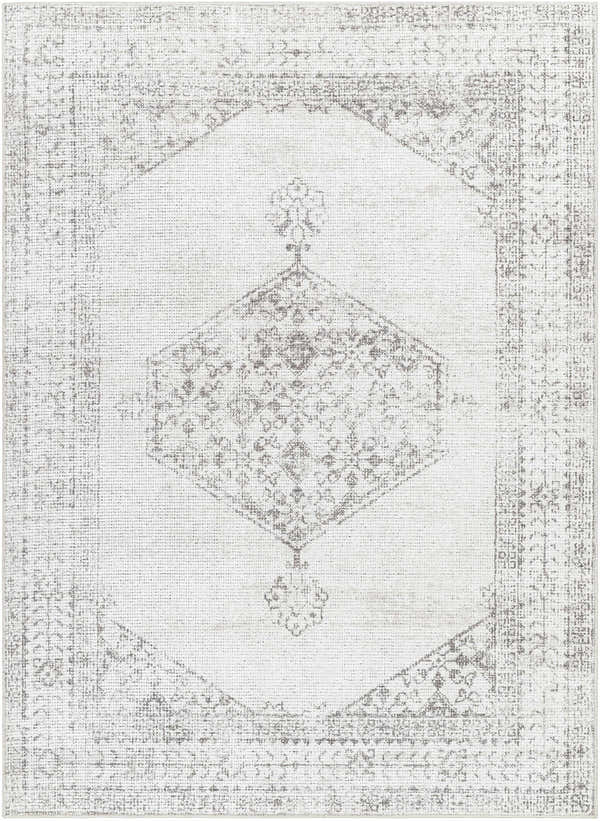 Close-up of PNW Home Olympic Updated Traditional Area Rug. Medium gray farmhouse rug with a vintage, distressed traditional pattern. Design-Rectangle-537