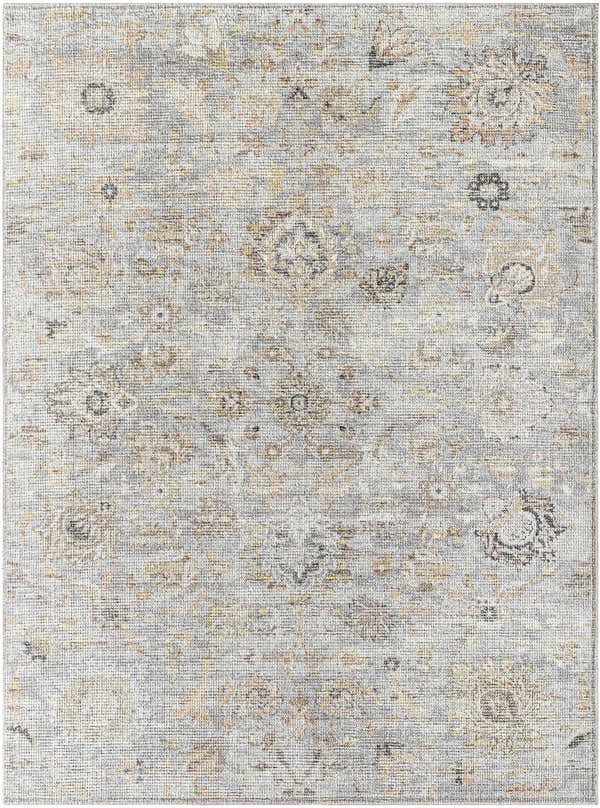 Close-up of the Livabliss x Our PNW Home Olympic Damask Gray Rug. Traditional damask pattern in gray, beige, brown, and black tones. Design-Rectangle-537