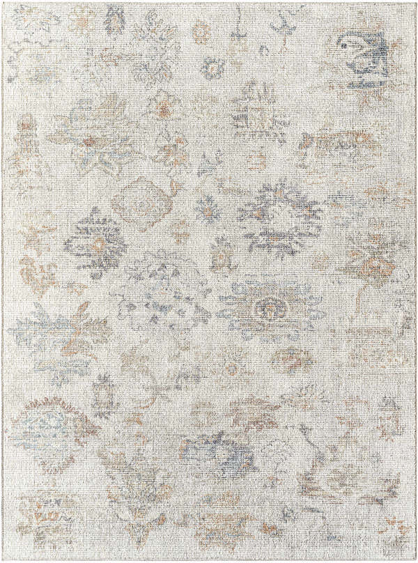 Close-up of the Livabliss x Our PNW Home Olympic Damask Light Brown Rug. Features a traditional damask pattern in cream, brown, and blue. Design-Rectangle-537