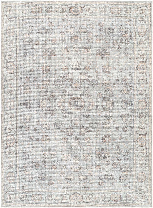 Livabliss x Our PNW Home Olympic Damask Light Blue Rug with cream, gray, and brown traditional damask pattern. Design-Rectangle-537