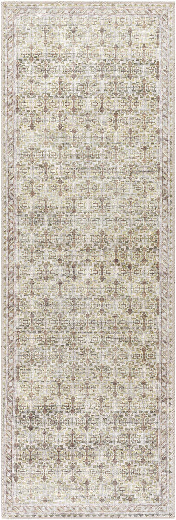 Close-up of Livabliss x Our PNW Home Rainier Damask Tan Washable Rug featuring a traditional cream, brown, and olive pattern. Design-Runner-27710