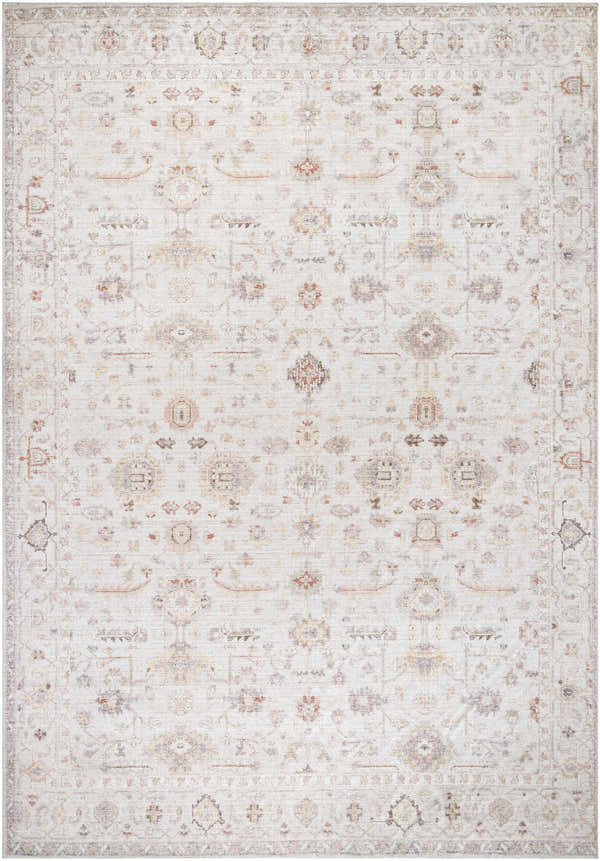 Close-up of Livabliss x Our PNW Home Spokane Damask Beige Rug. Traditional rug with brick red, dusty pink, and olive floral pattern. Design-Rectangle-23