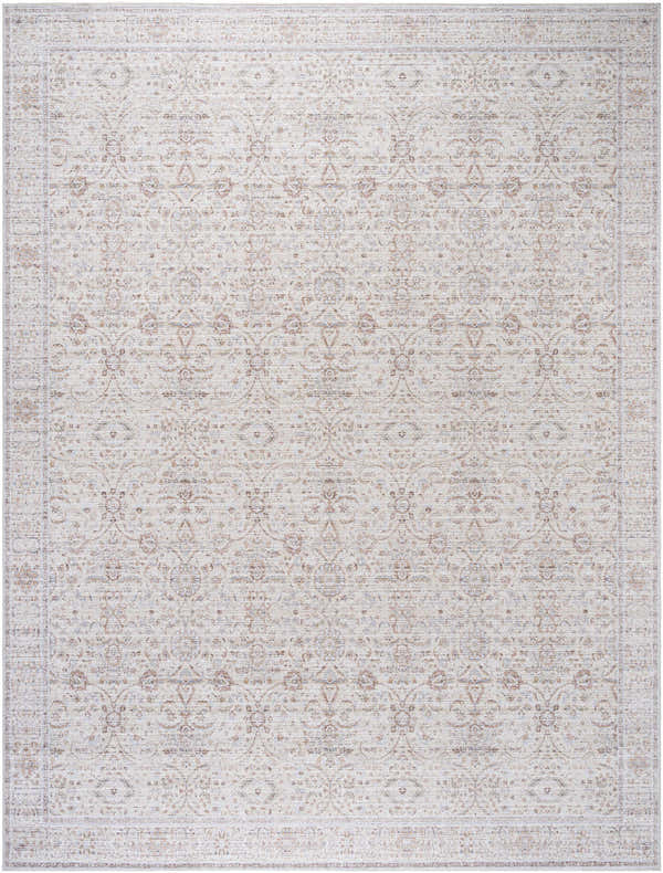 Close-up of the Livabliss x Our PNW Home Spokane Damask Ivory Rug. Features a traditional damask pattern in ivory, beige, and brick red. Design-Rectangle-58