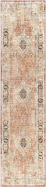 Detailed view of a Polomolok Luxe Performance Rug. Traditional design in brick red, cream, and black with an oriental pattern. Design-Runner-2710