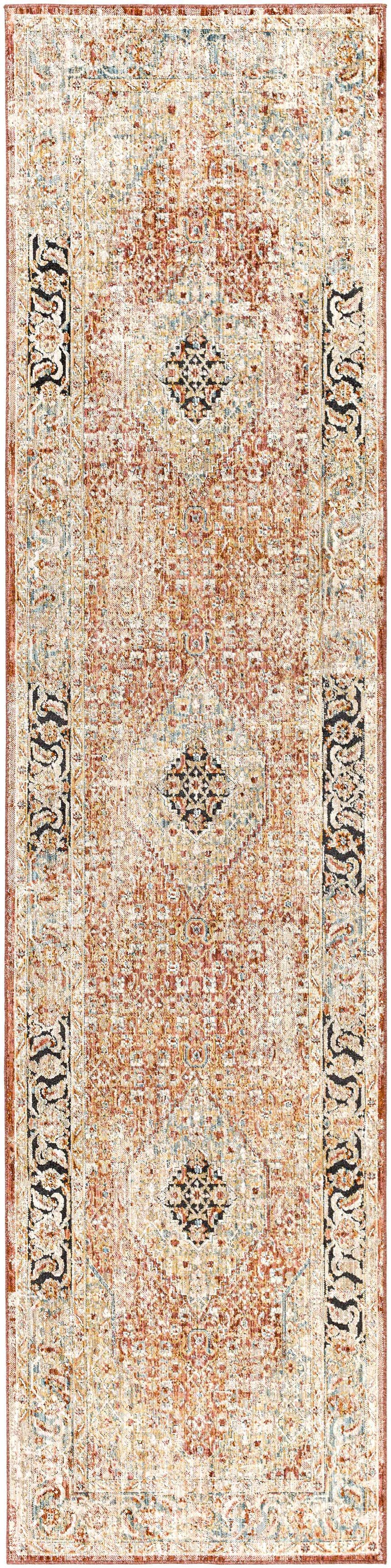 Detailed view of a Polomolok Luxe Performance Rug. Traditional design in brick red, cream, and black with an oriental pattern. Design-Runner-2710