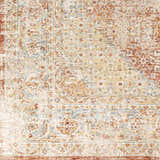 Close-up of the Polomolok Luxe Performance Rug. Traditional oriental pattern in cream, brick red, blue, and burnt orange tones. Swatch