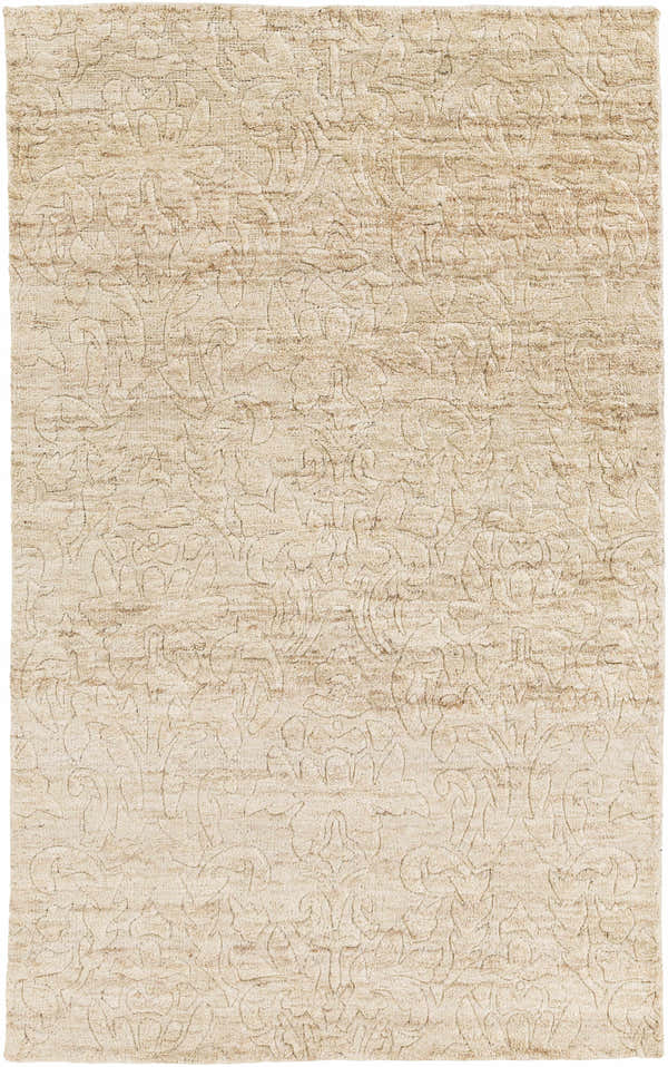 Close-up of the beige Pomaria Area Rug, a hand-knotted jute rug with a subtle traditional pattern. Farmhouse style. Design-Rectangle-58