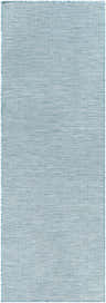 Close-up of the Ponemah Area Rug. Aqua and blue woven rug with a subtle grid pattern and fringed edges. Contemporary style. Design-Runner-2773