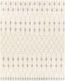 Close-up of the Pooleville Area Rug. Ivory wool rug with a medium gray diamond trellis pattern. Hand woven texture. Design-Rectangle-810