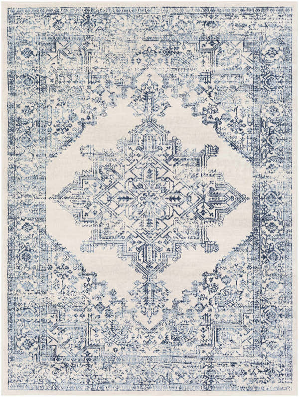 Close-up of the Pooraka Area Rug; a machine-woven, rectangular rug in off-white and navy with a traditional, oriental-inspired design. Design-Rectangle-537