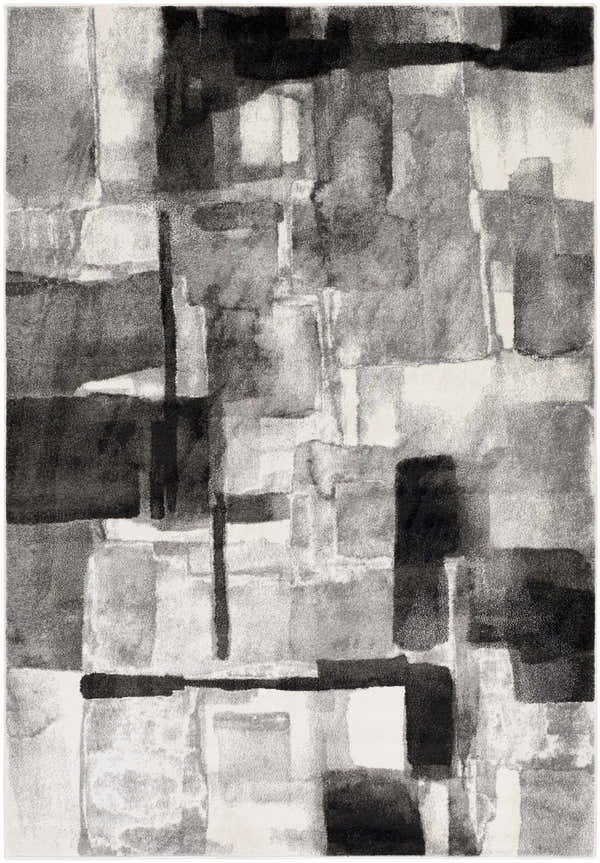 Close-up of the Porterville Area Rug. Abstract geometric design in black, cream, and gray. Contemporary style. Design-Rectangle-5376