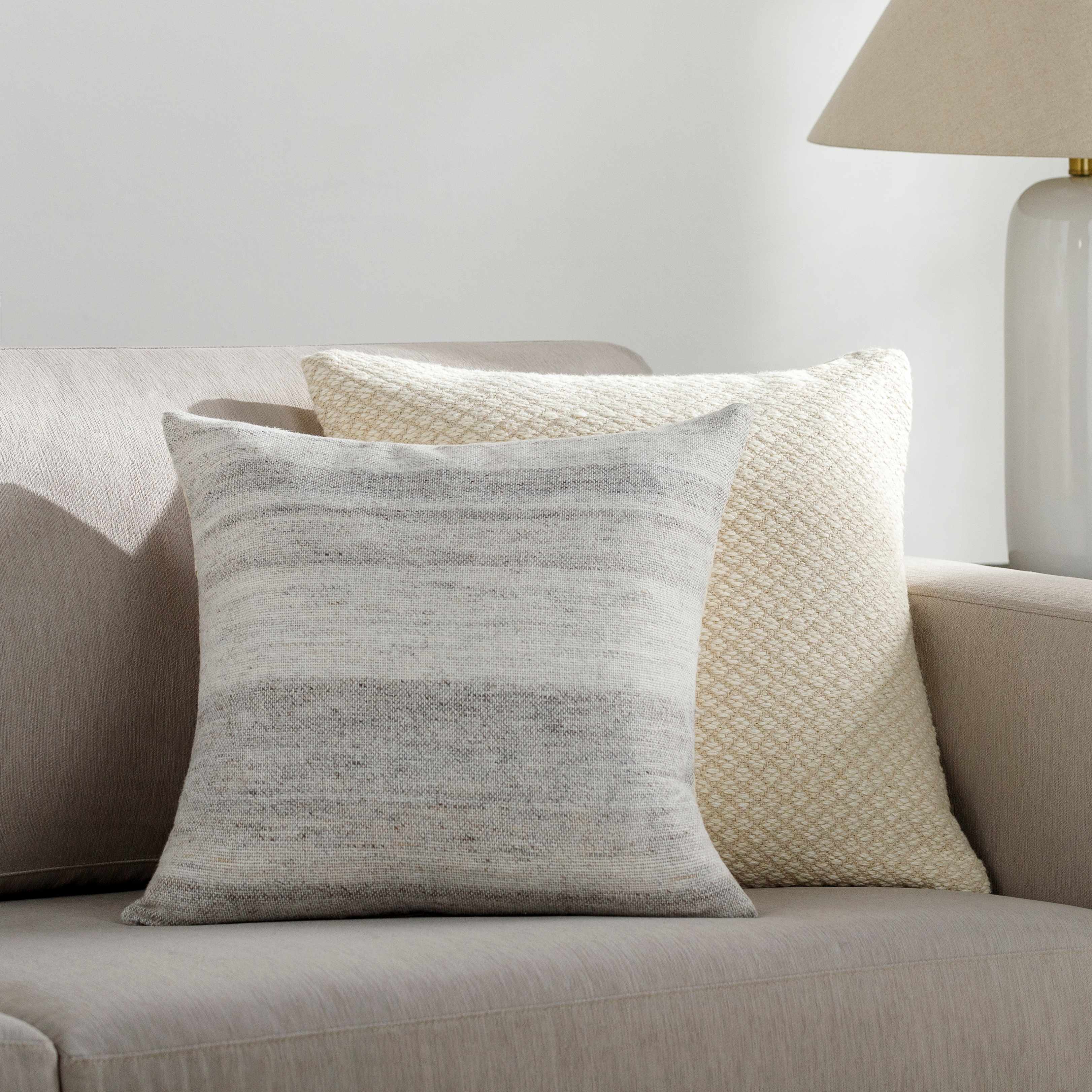 Reverse side of Portumna Light Gray Square Throw Pillow, focusing on underside structure and material.Transitional,Traditional Throw PillowsBacking  