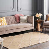 Living room scene with a tan Posen Area Rug, sofa, and copper accent table creating a contemporary style. Roomscene-Rectangle