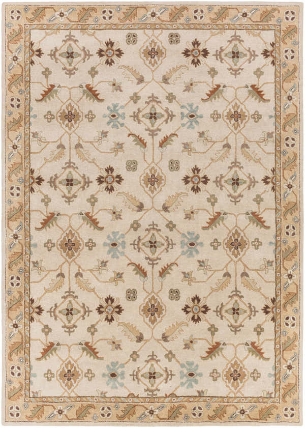 Detailed view of the Postelle Wool Rug. Neutral tones, floral and geometric pattern, hand-tufted texture. Bohemian style. Design-Rectangle-811