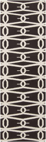Close-up of the hand woven Potsdam Area Rug. Dark brown wool with a geometric, cream-colored chain pattern. Design-Runner-268