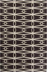 Close-up of the hand woven Potsdam Area Rug. Dark brown wool rug with a peach geometric pattern. Contemporary style. Design-Rectangle-58