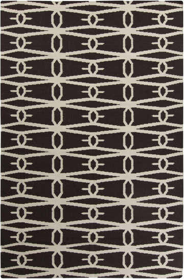 Close-up of the hand woven Potsdam Area Rug. Dark brown wool rug with a peach geometric pattern. Contemporary style. Design-Rectangle-58