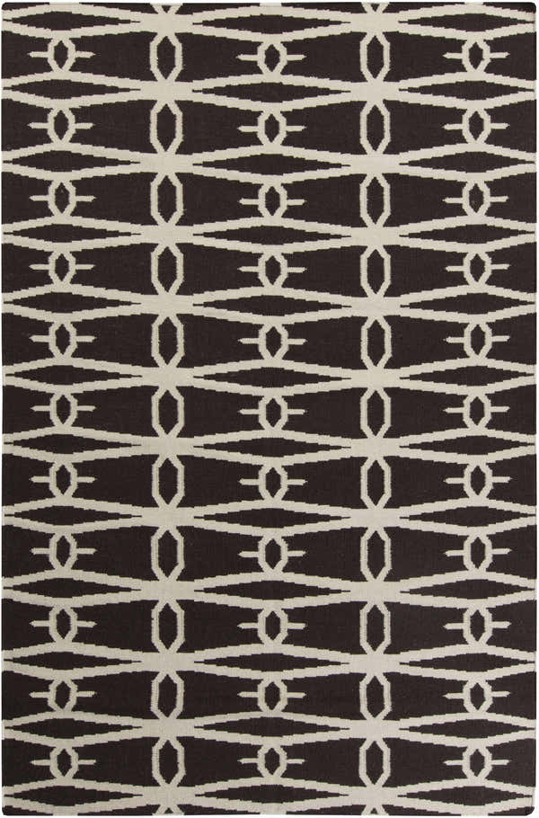 Close-up of the hand woven Potsdam Area Rug. Dark brown wool rug with a peach geometric pattern. Contemporary style. Design-Rectangle-58