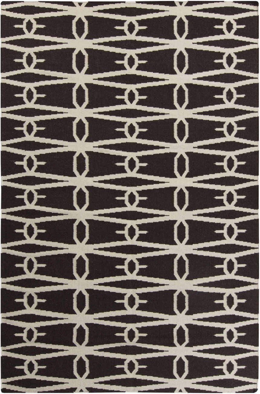 Close-up of the hand woven Potsdam Area Rug. Dark brown wool rug with a peach geometric pattern. Contemporary style. Design-Rectangle-58