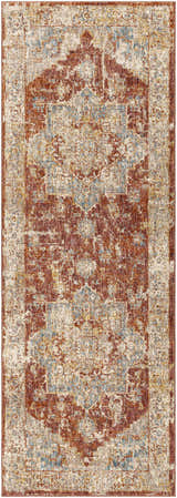 Close-up of the Powassan Area Rug, a machine-woven rug with brick red, charcoal, light beige, and teal colors. Oriental-style pattern. Design-Runner-2773
