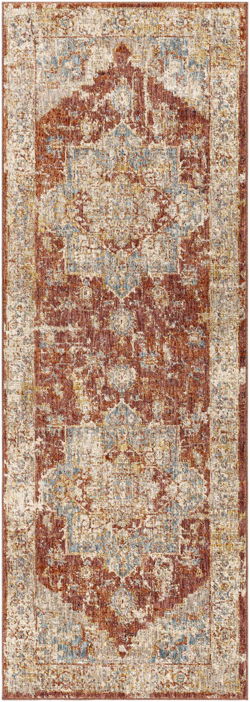 Close-up of the Powassan Area Rug, a machine-woven rug with brick red, charcoal, light beige, and teal colors. Oriental-style pattern. Design-Runner-2773