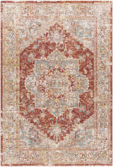 Detailed Powassan Area Rug close-up with brick red, charcoal, light beige, and teal traditional design. Design-Rectangle-575