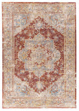 Close-up of the Powassan Area Rug with a traditional oriental design in brick red, light beige, and teal. Design-Rectangle-6796