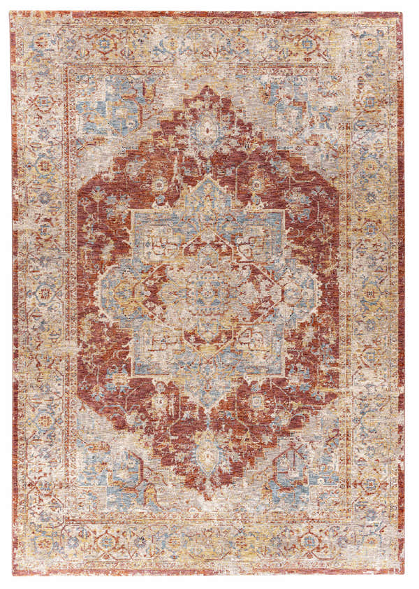 Close-up of the Powassan Area Rug with a traditional oriental design in brick red, light beige, and teal. Design-Rectangle-6796
