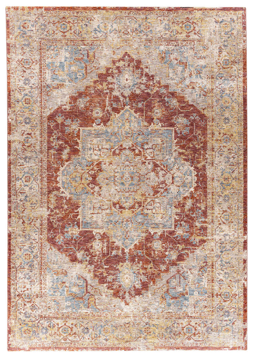 Close-up of the Powassan Area Rug with a traditional oriental design in brick red, light beige, and teal. Design-Rectangle-6796