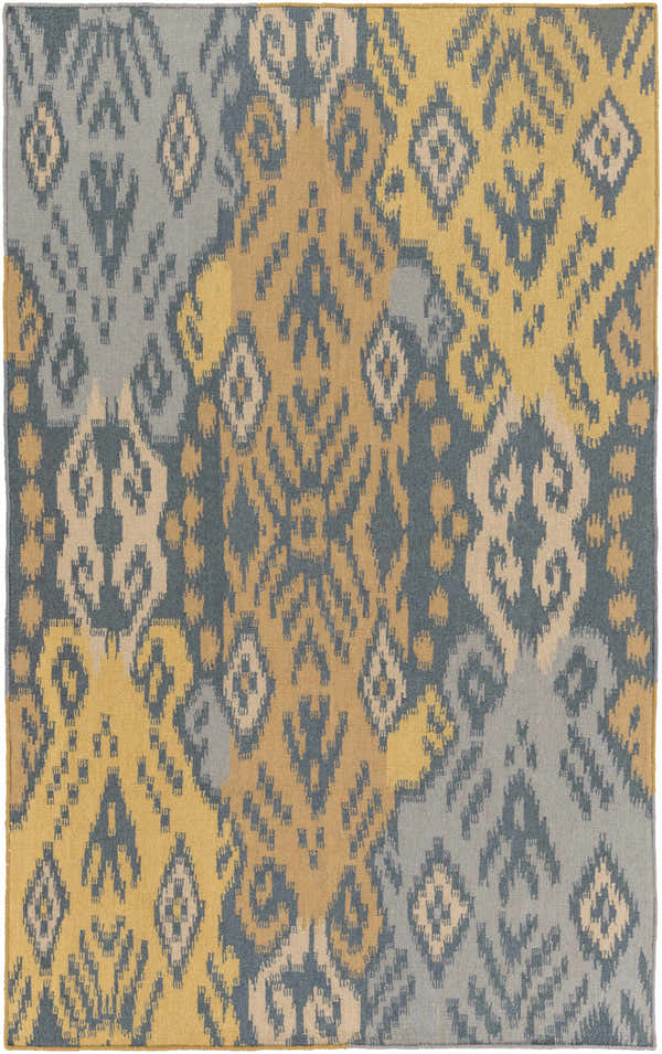 Hand woven Powhattan Area Carpet in beige, gray, mustard, tan, and teal wool with a contemporary geometric pattern. Design-Rectangle-576