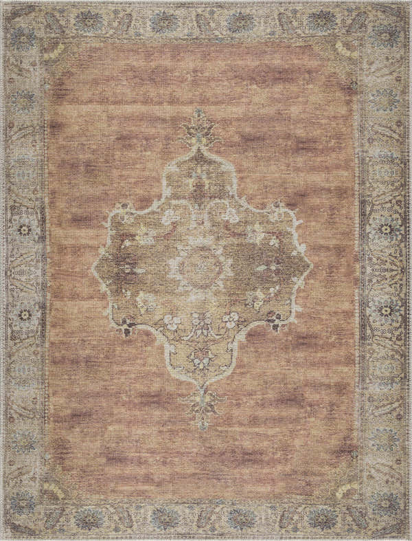 Close-up of the traditional Powhatan Washable Area Rug. Features camel, brown, and sage tones with an oriental-inspired design. Design-Rectangle