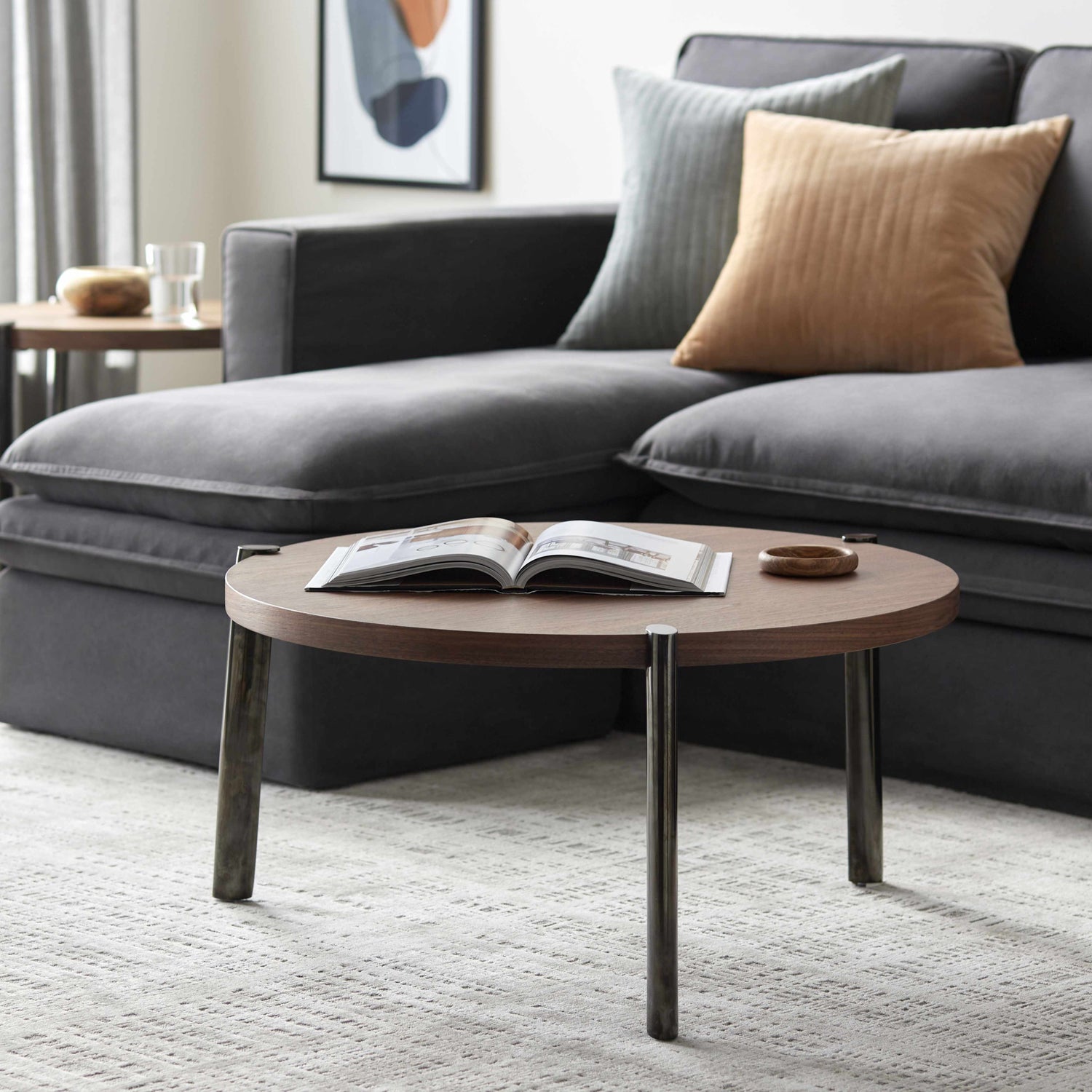 Palasbari Round Walnut Metal Coffee Table