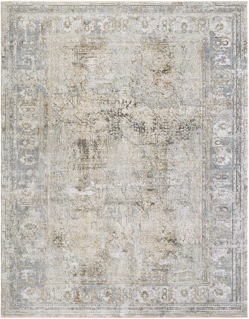 Close-up of the Pryce Sage Thick Luxe Area Rug featuring a traditional design with charcoal, cream, and light brown tones. Design-Rectangle-710103