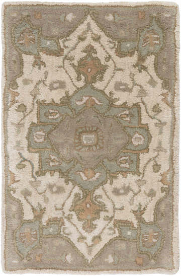 Close-up of the Broomfield Hand Tufted Sage 1143 Area Rug. Beige wool rug with traditional oriental pattern and sage, brown, and gray accents. Design-Rectangle-23