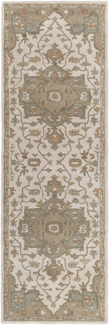 Detailed Broomfield Hand Tufted Sage runner rug with beige, brown, and sage floral oriental pattern. Design-Runner-268
