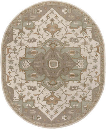 Close-up of the oval Broomfield Hand Tufted Sage 1143 Area Rug, showcasing beige, sage, and brown traditional design. Design-Oval-810